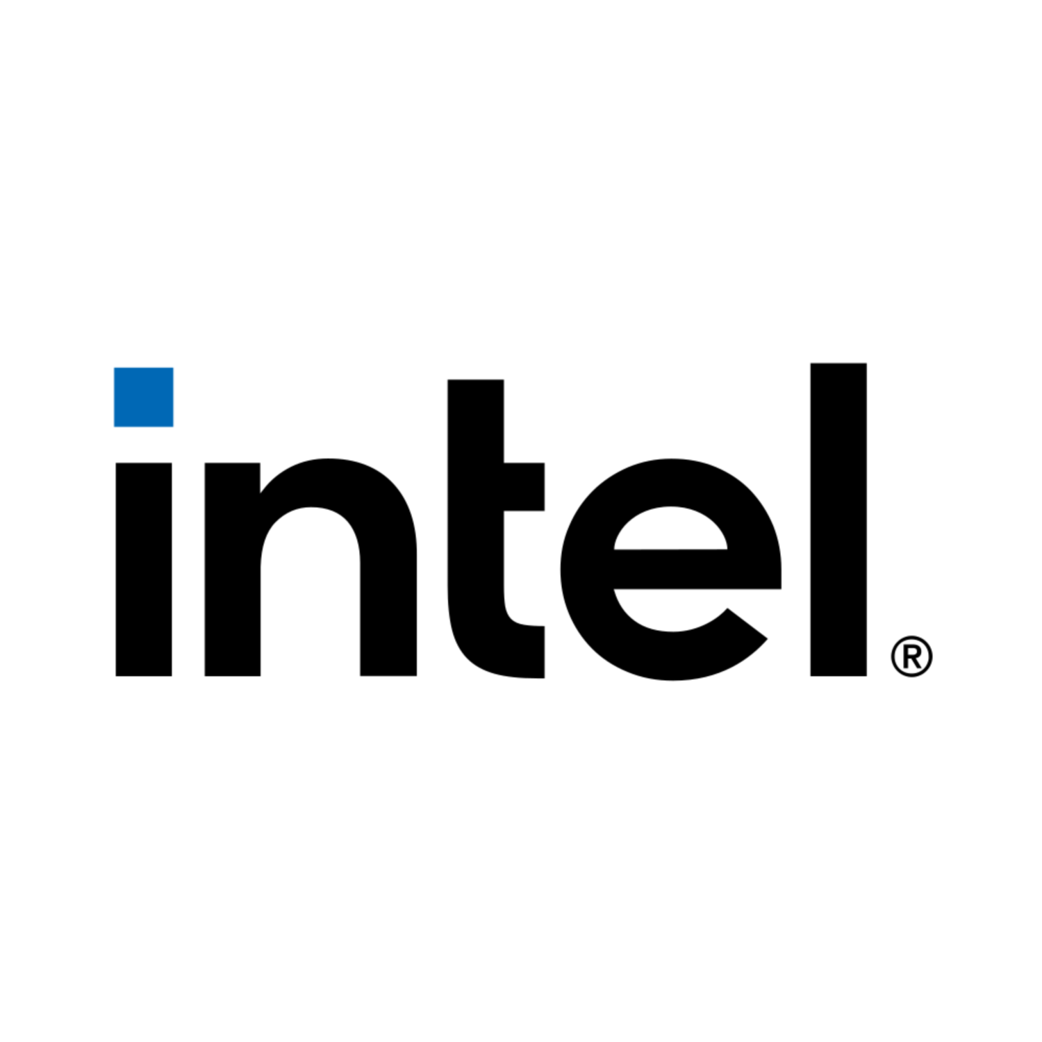 The Intel logo with black lowercase letters and a small blue square above the letter 'i'.